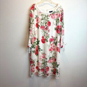 R&K Womens Floral Lace Eyelet Stretch Dress 3/4 Tie Sleeves White Pink Cottage